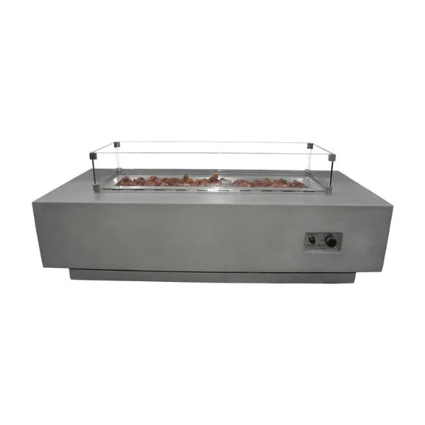 Elementi Granville wind screen installed on rectangular fire table, no flame, white background