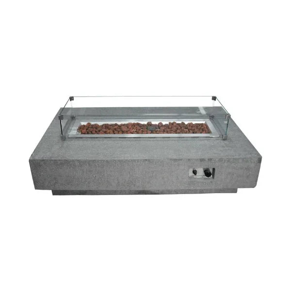 Elementi Hampton rectangular fire table with windscreen, gray concrete finish, no flame, on white background