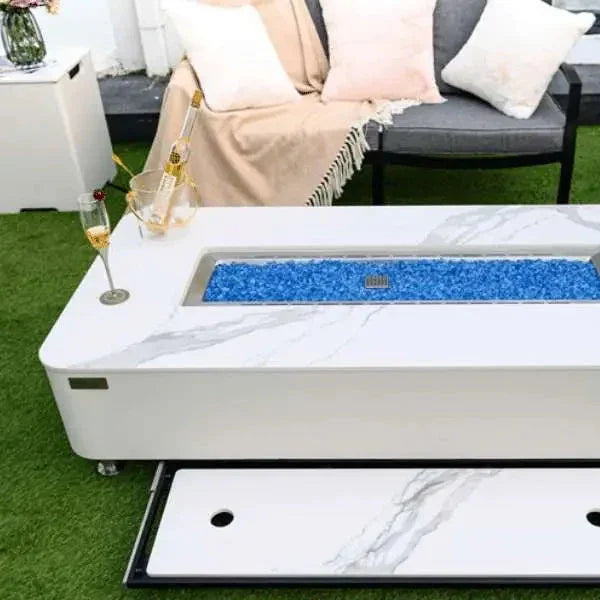 Elementi Plus Athens 62" Marble Porcelain Top Fire Table - Bianco White - Green Vista Living