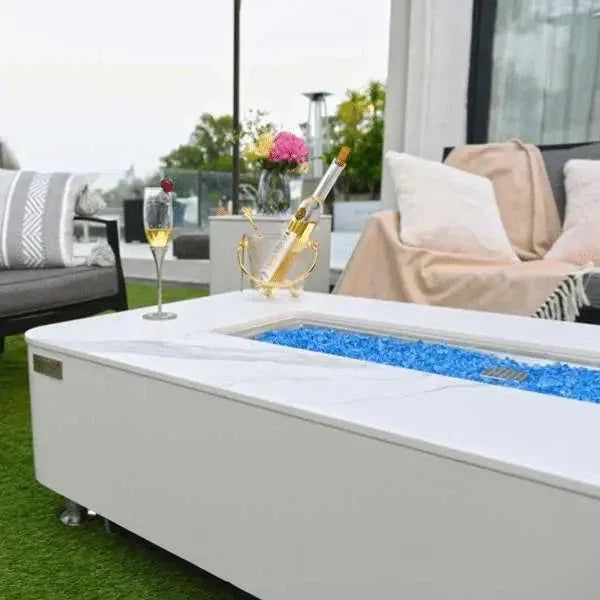 Elementi Plus Athens 62" Marble Porcelain Top Fire Table - Bianco White - Green Vista Living