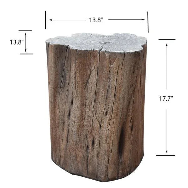 Elementi Warren seat in redwood finish, log-style outdoor stool with dimensions shown