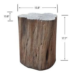 Elementi Warren seat in redwood finish, log-style outdoor stool with dimensions shown