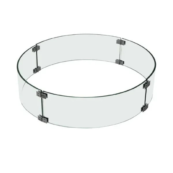 Elementi round glass wind screen for fire table, clear with metal brackets on white background