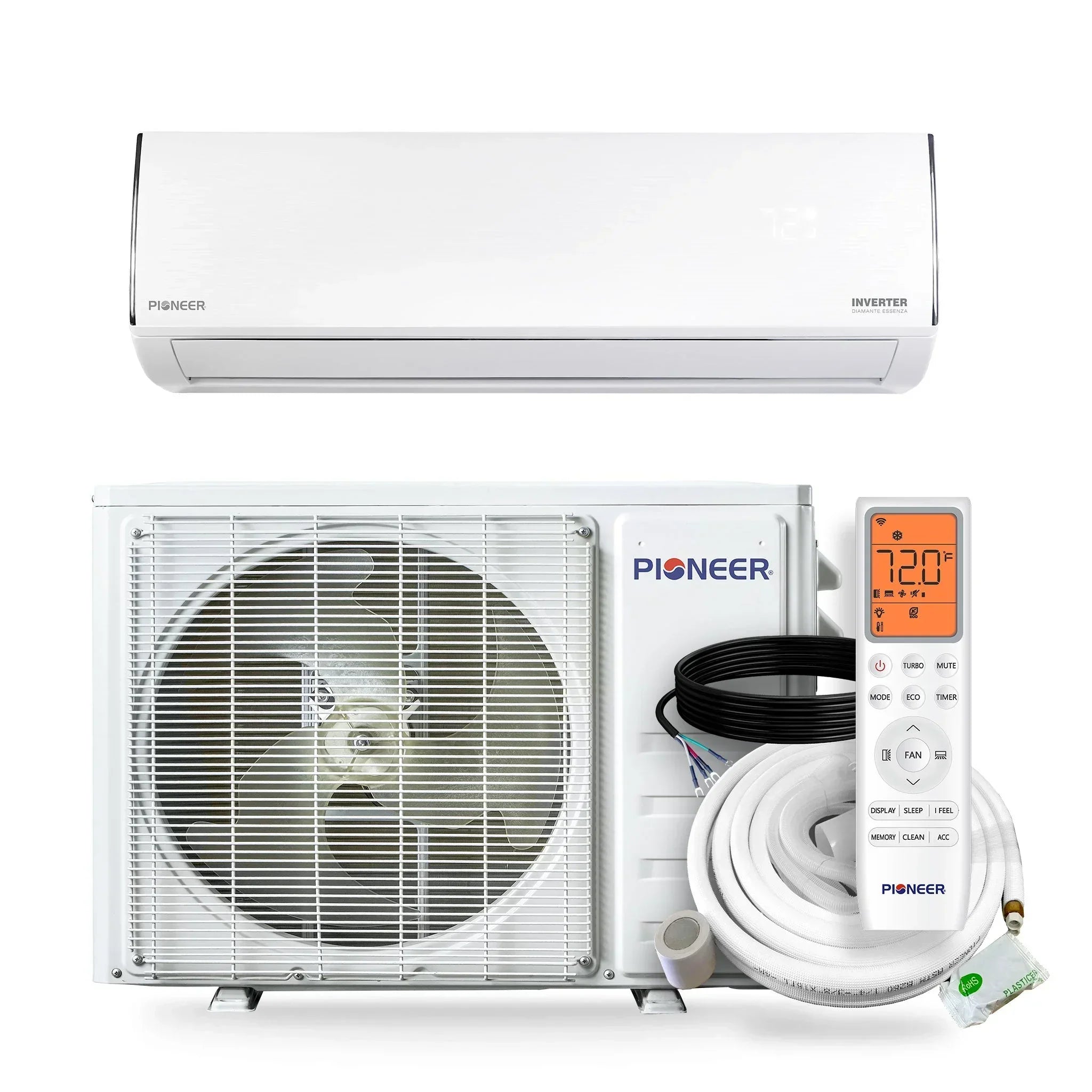 Pioneer® Diamante Essenza™ 11,500 BTU 17 SEER2 230V High-Wall Ductless Mini-Split Air Conditioner Inverter Heat Pump with 16 Ft. Kit - Green Vista Living