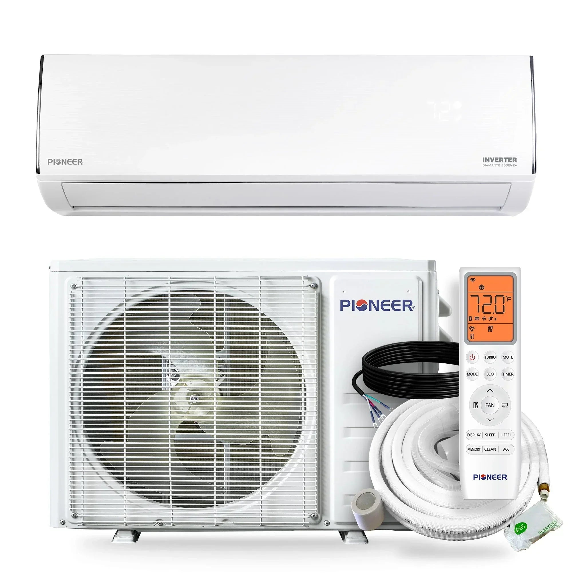 Pioneer® Diamante Essenza™ 17,000 BTU 17 SEER2 230V High-Wall Ductless Mini-Split Air Conditioner Inverter Heat Pump with 16 Ft. Kit - Green Vista Living
