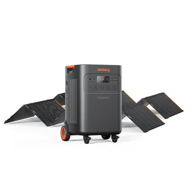 Jackery portable power station with foldable solar panels, inverter and battery backup