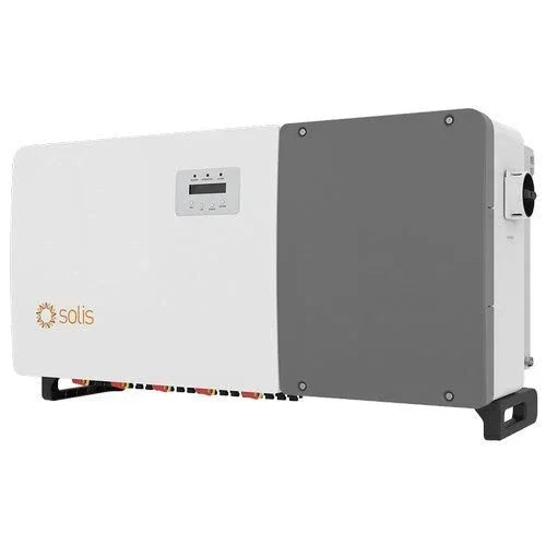 Solis solar inverter wall-mounted, white and gray unit with digital display for renewable energy systems