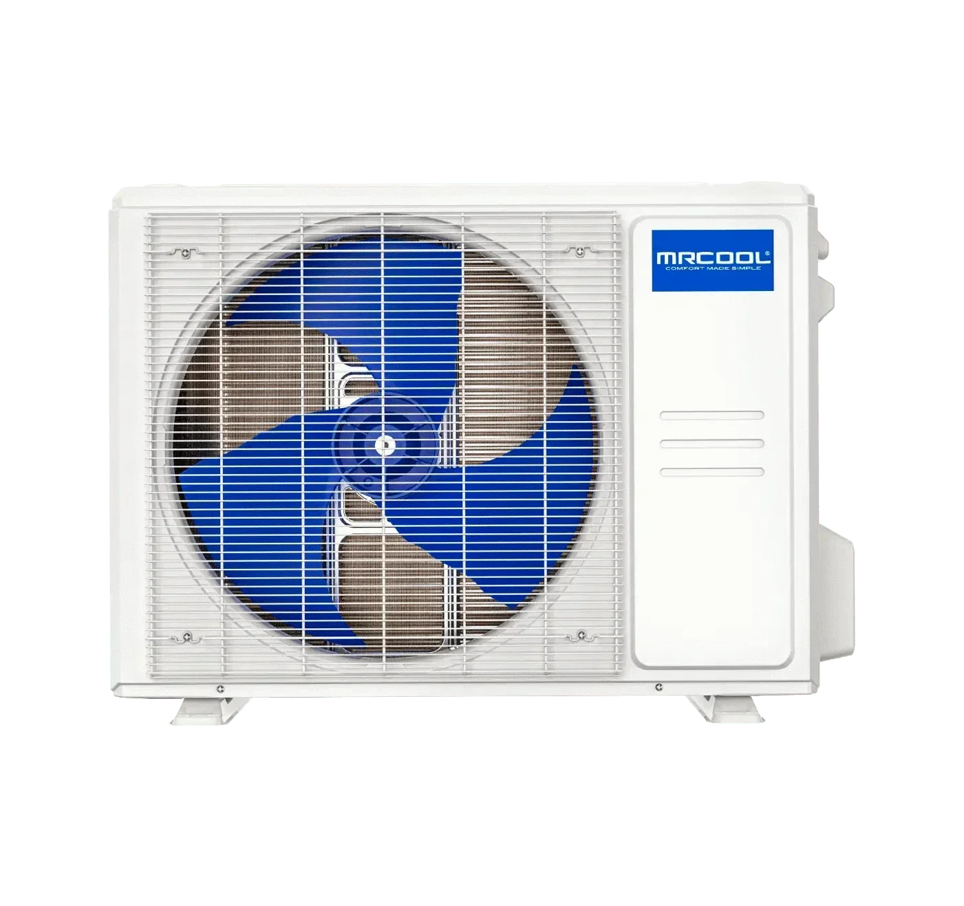 MRCOOL outdoor mini split AC unit with blue fan behind a white grille on green background