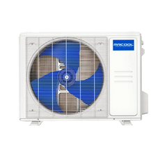 MRCOOL outdoor mini split AC unit with blue fan behind a white grille on green background