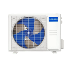 MRCOOL outdoor mini split AC unit with blue fan behind a white grille on green background
