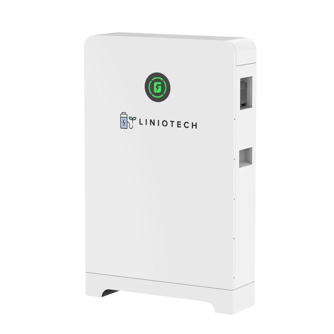 Liniotech white inverter battery unit with front logo and side vents, modern design