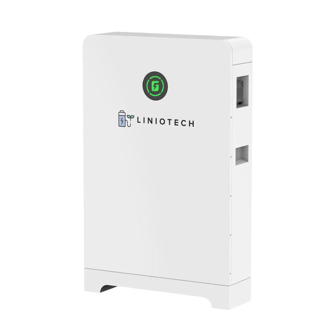 Liniotech white inverter battery unit with front logo and side vents, modern design