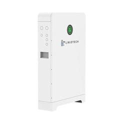 Liniotech white inverter battery backup unit with control panel and branding, side view