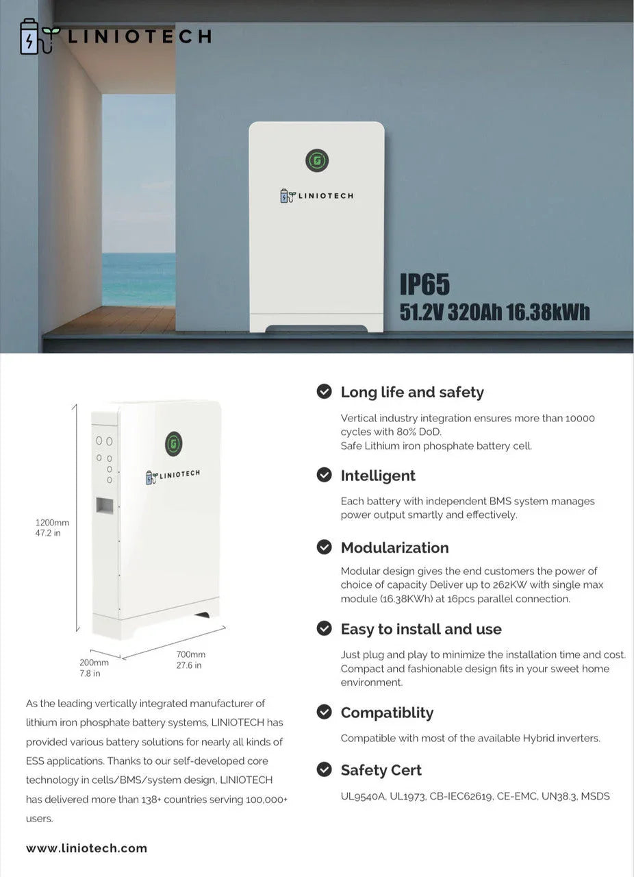 LINIOTECH lithium iron phosphate battery system, IP65 51.2V 320Ah 16.38kWh, modular home battery unit with safety and intelligent power management features.