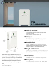 LINIOTECH lithium iron phosphate battery system, IP65 51.2V 320Ah 16.38kWh, modular home battery unit with safety and intelligent power management features.
