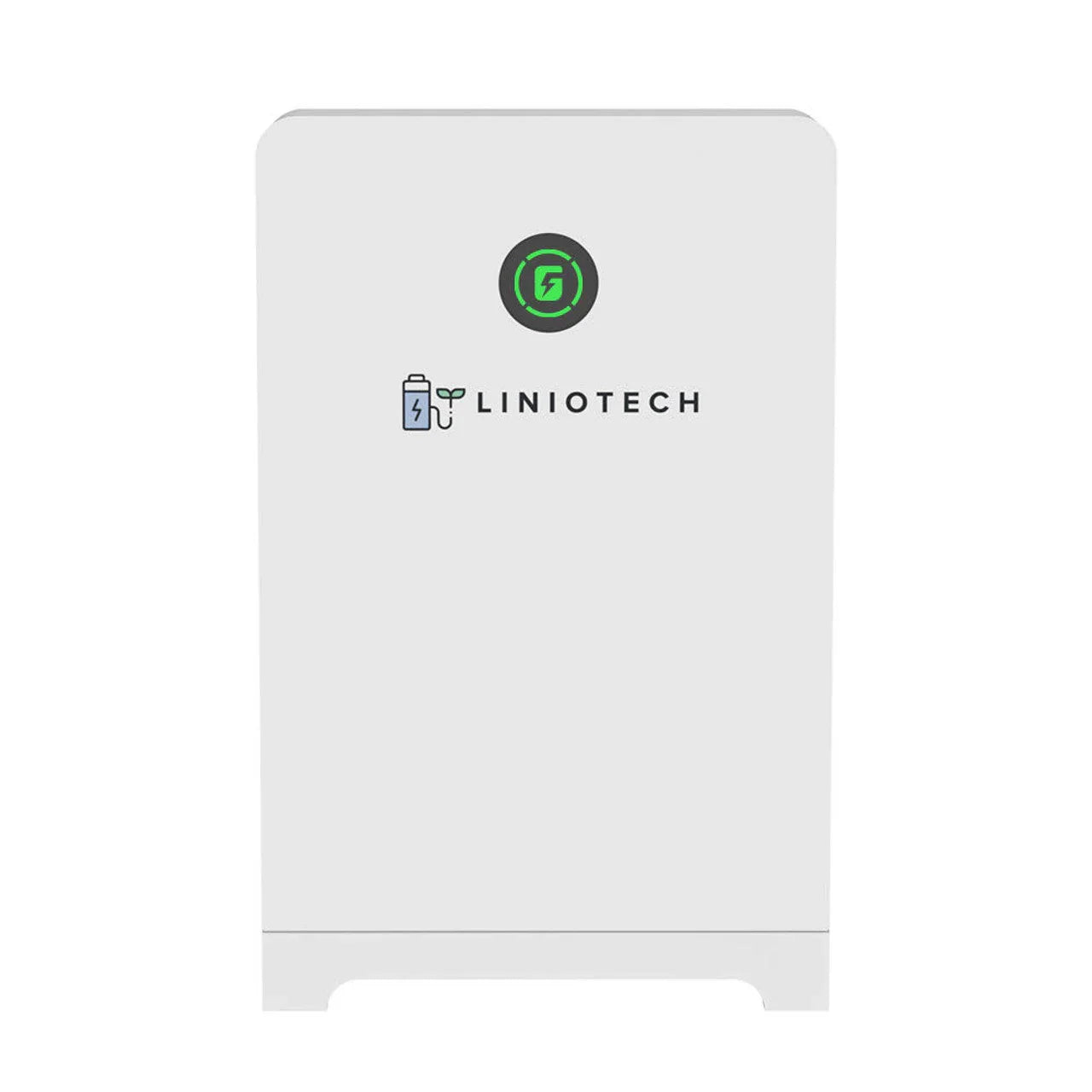 Liniotech white inverter battery unit with logo and power icon on front panel