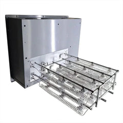 Metal electric heating element with exposed coil wires, wall-mount box design, HVAC accessory