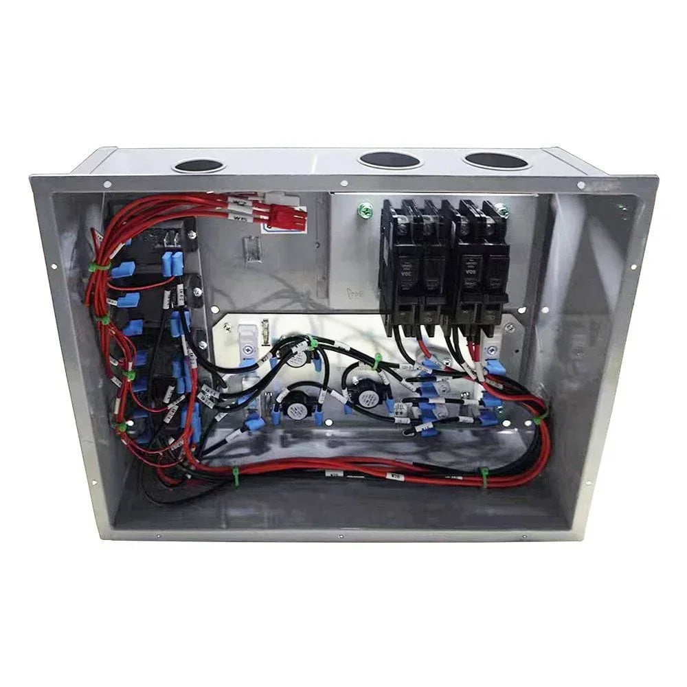 Electrical breaker box with circuit breakers, red and black wiring, interior view