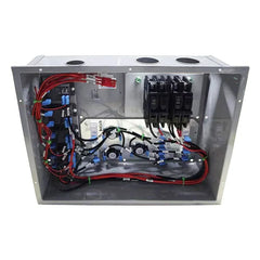 Electrical breaker box with circuit breakers, red and black wiring, interior view