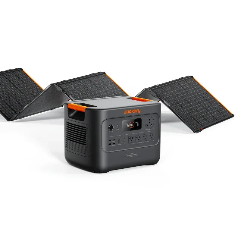 Jackery portable power station with foldable solar panels, black and orange design