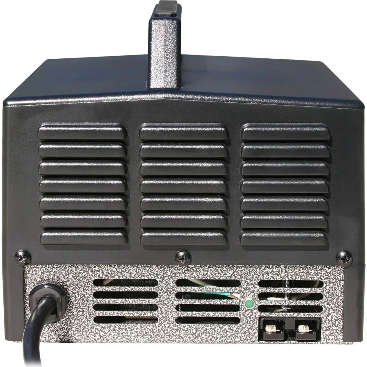 IOTA back view of black metal power inverter with vents, power cord, and terminal ports