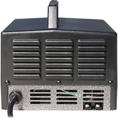 IOTA back view of black metal power inverter with vents, power cord, and terminal ports