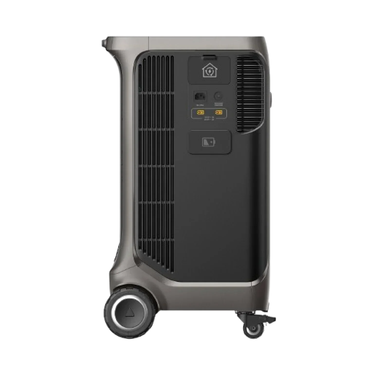 EcoFlow portable power station side view, sleek black and silver design, two wheels