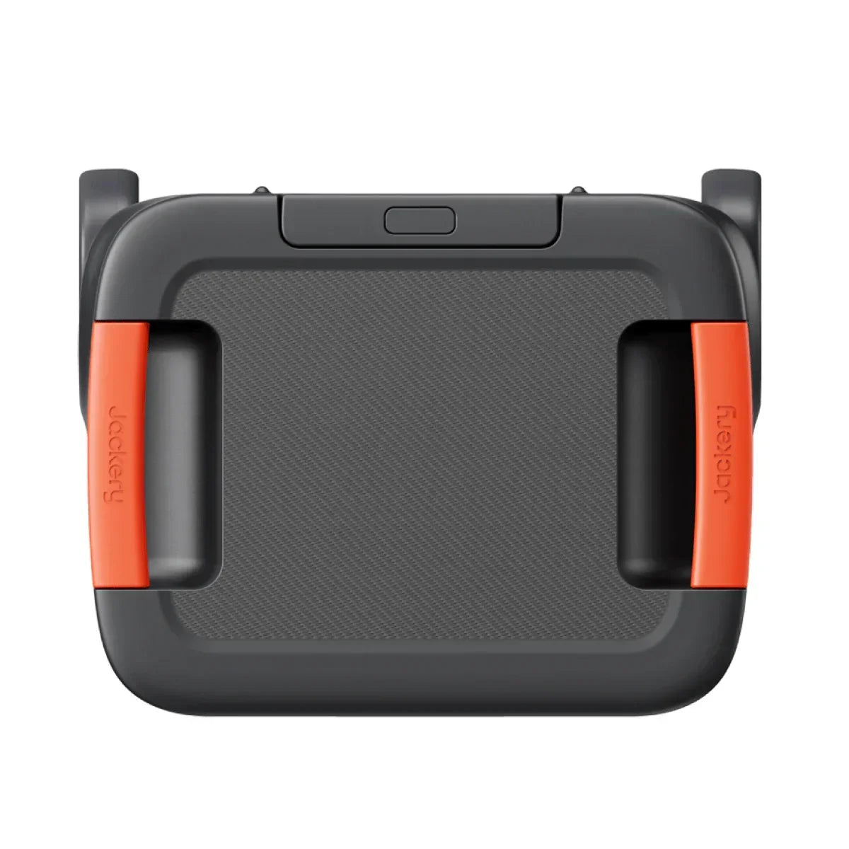 Jackery portable power station with two orange handles, top view, black and gray casing