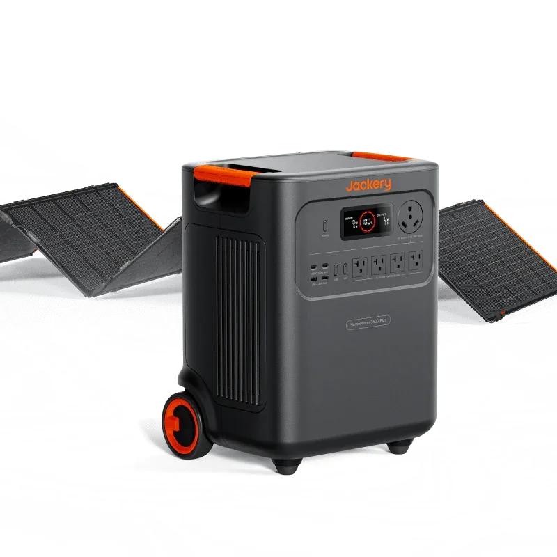 Jackery portable power station with digital display, wheels, and solar panels in background