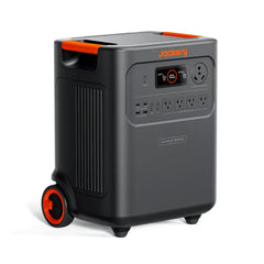 Jackery portable power station HomePower 3600 Plus with wheels, multiple outlets, and orange handles