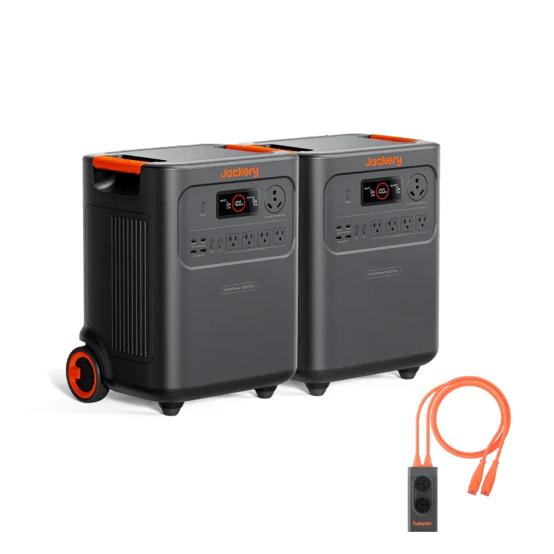 Jackery HomePower 3600 Plus portable power stations with digital display and orange power cable