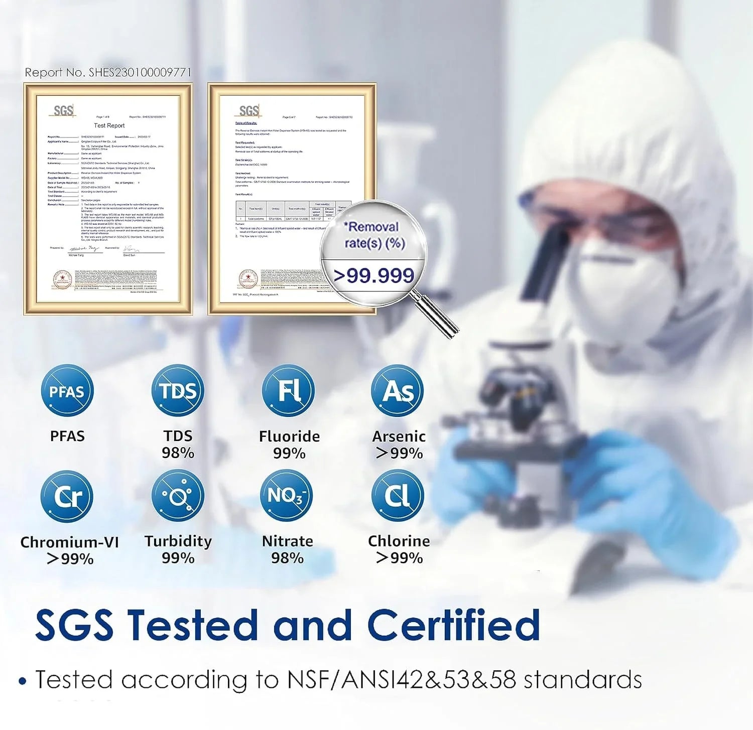 SGS tested and certified water filtration, lab technician in protective gear with certificates, chemical removal rates highlighted.