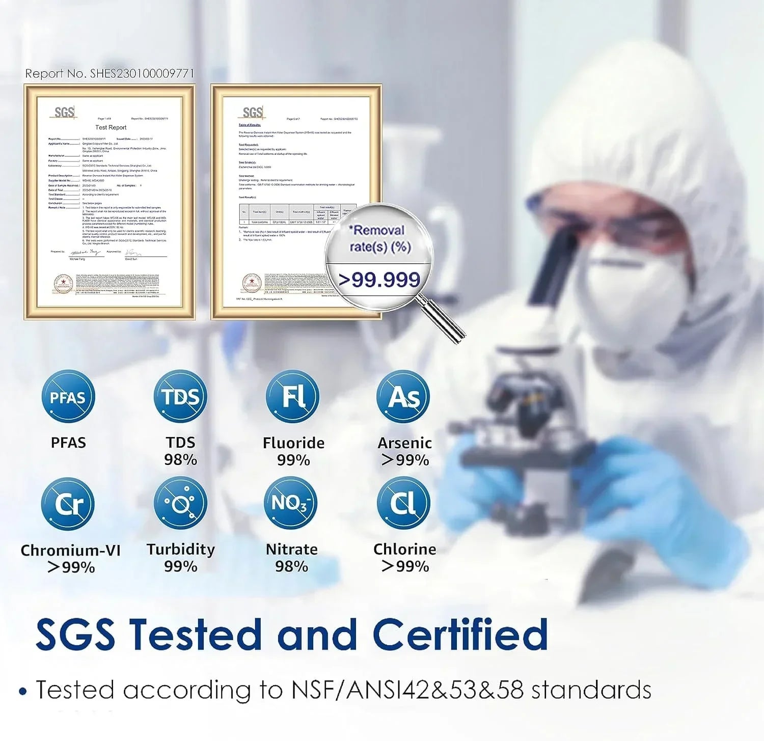 SGS tested and certified water filtration, lab technician in protective gear with certificates, chemical removal rates highlighted.