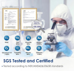 SGS tested and certified water filtration, lab technician in protective gear with certificates, chemical removal rates highlighted.