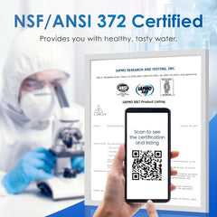 NSF/ANSI 372 certified water filter document with QR code and lab technician in protective gear