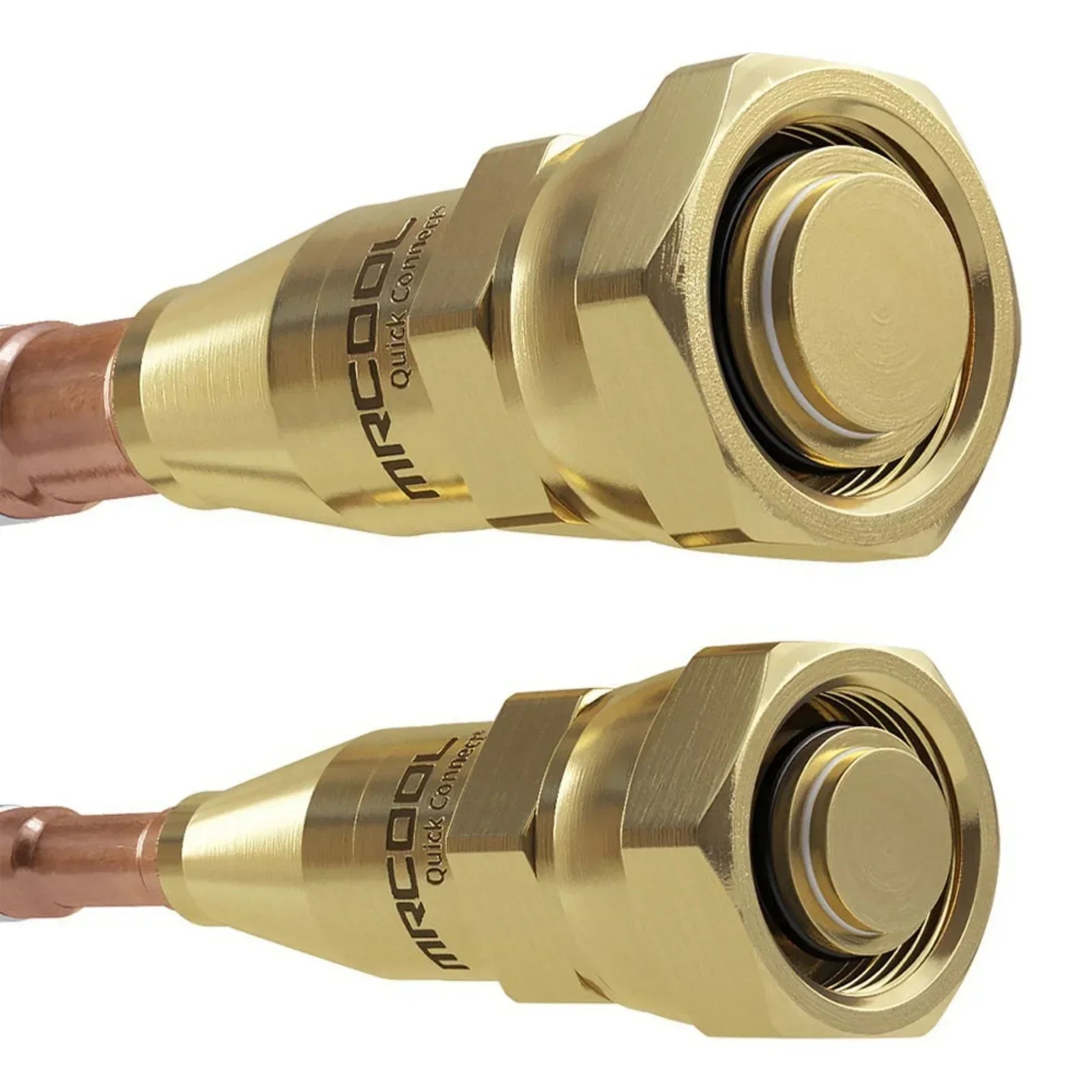 MRCOOL brass quick connect line set fittings for HVAC systems, close-up view