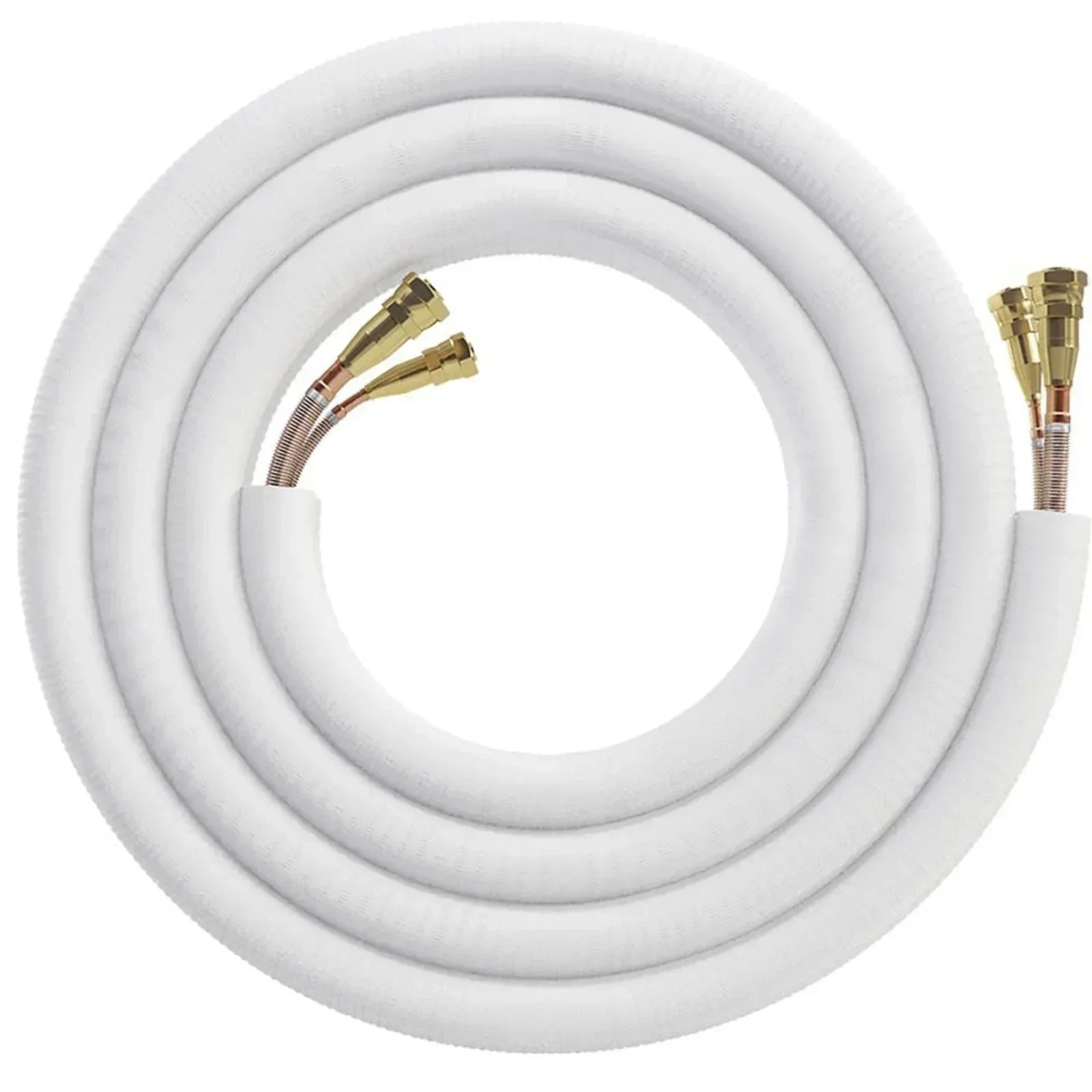 Insulated copper refrigerant line set with brass fittings, coiled for HVAC use