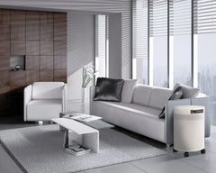 Airpura air purifier in modern living room with white sofa, armchair, and city view windows