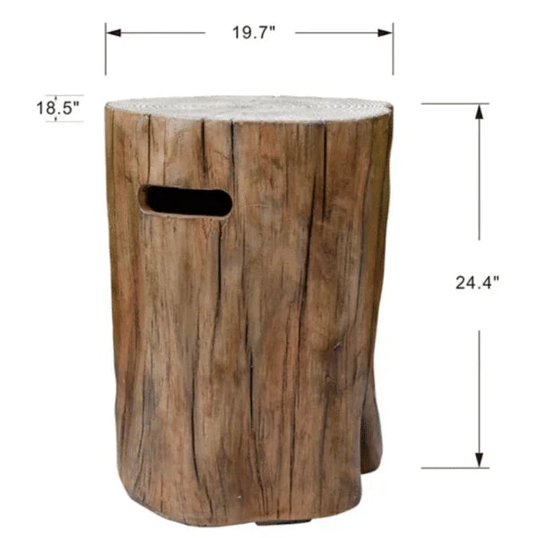 Manchester cast concrete tank cover in Redwood finish, 24.4 inches tall, stump design, with dimensions labeled