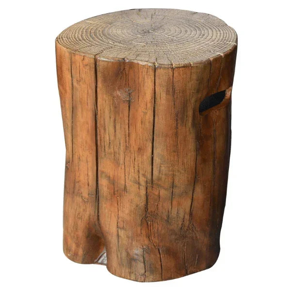 Manchester cast concrete tank cover in redwood finish, realistic log design on white background
