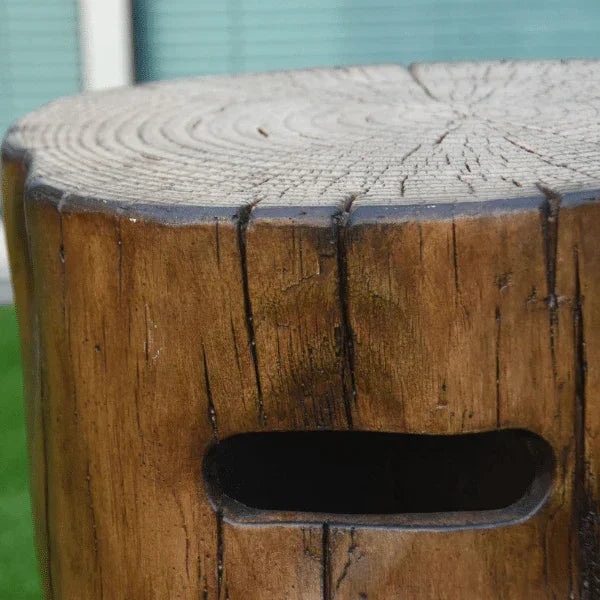 Manchester cast concrete tank cover in redwood finish, realistic wood texture, side view