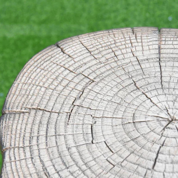 Manchester cast concrete tank cover with redwood texture, top left view on grass