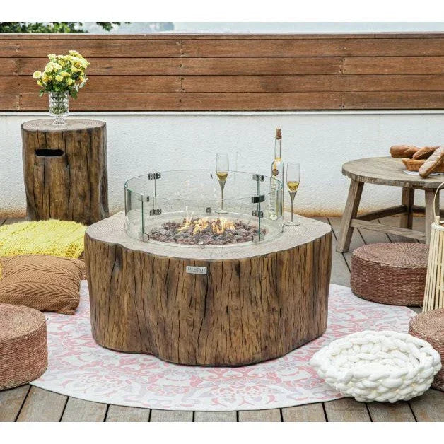 Manchester outdoor fire pit table with glass wind guard, rustic wood style, patio decor