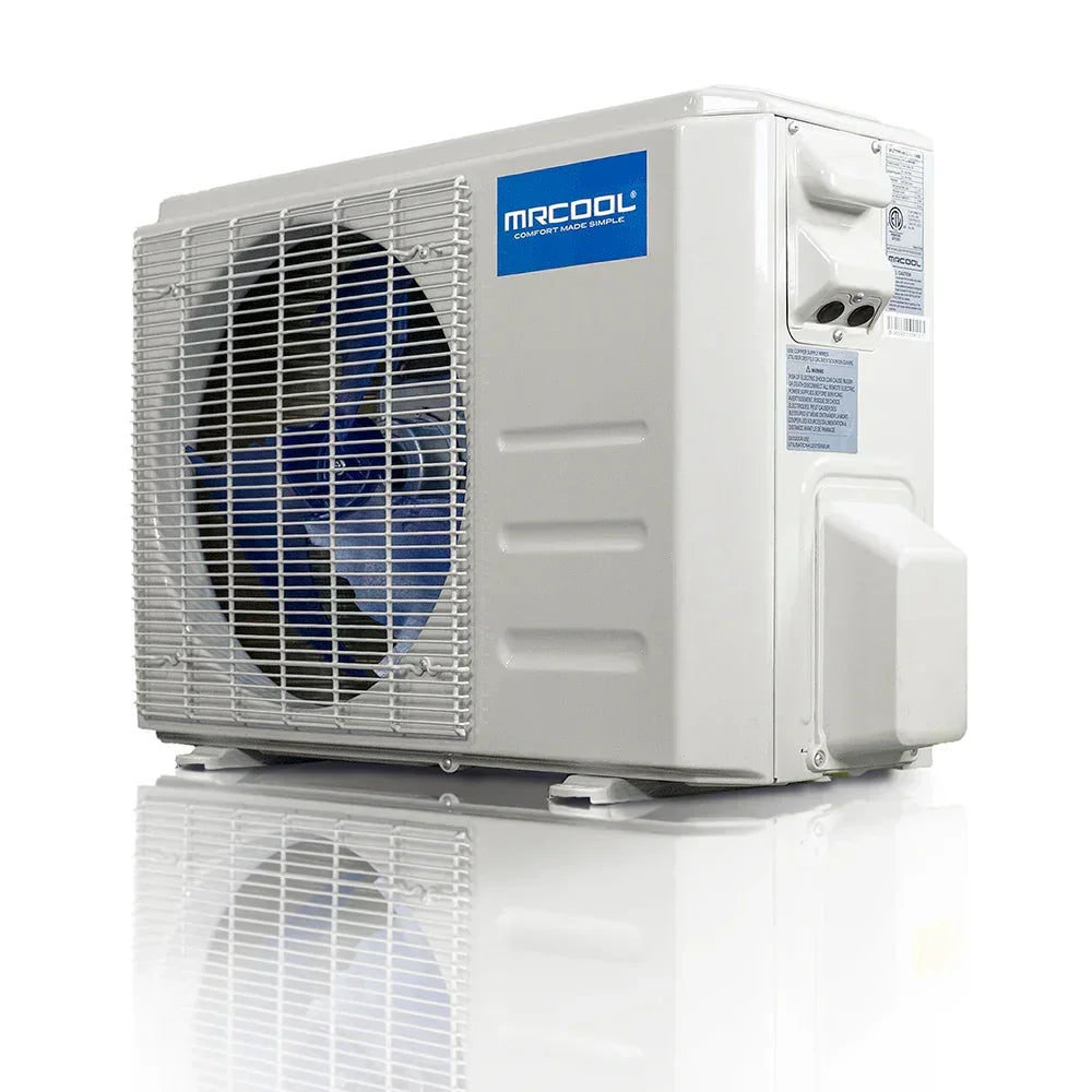 MRCOOL outdoor air conditioner unit, white metal housing, visible fan and label