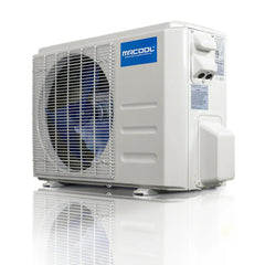 MRCOOL outdoor air conditioner unit, white metal housing, visible fan and label
