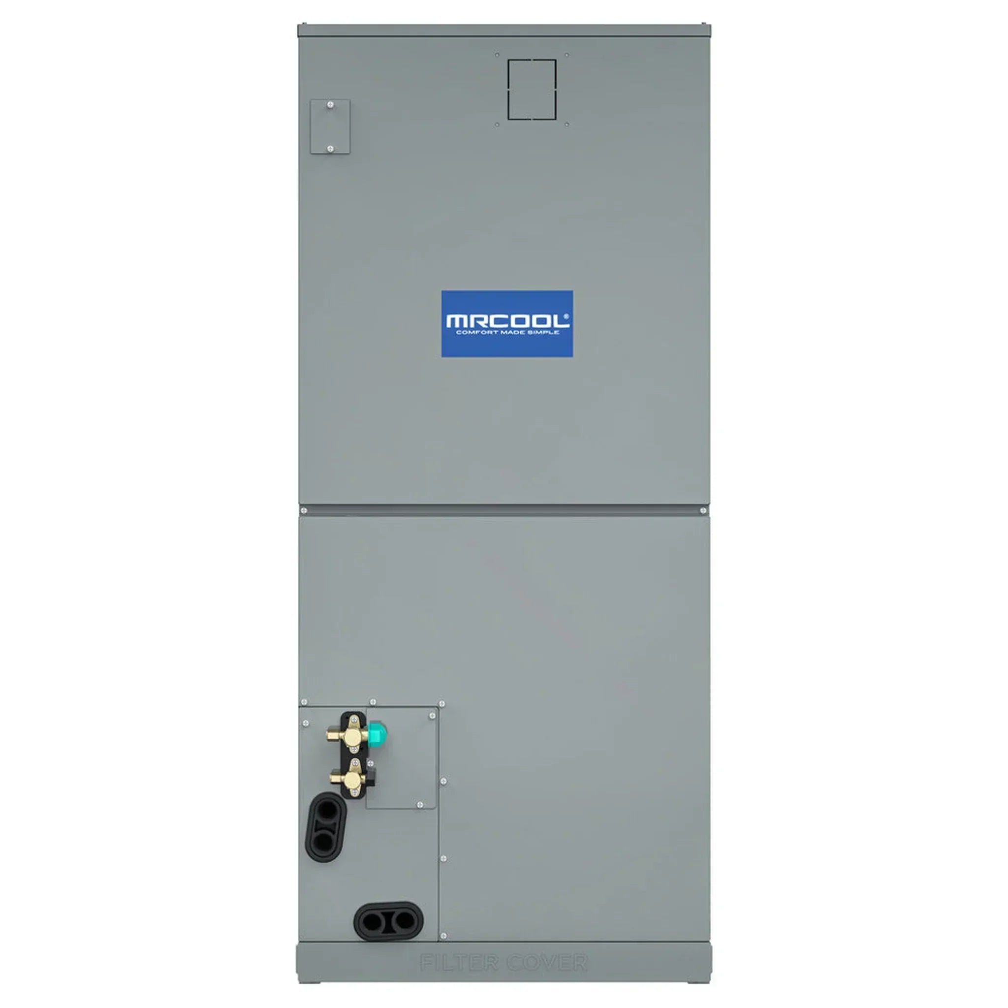 MRCOOL air handler unit, vertical gray metal HVAC appliance with brand logo, front view