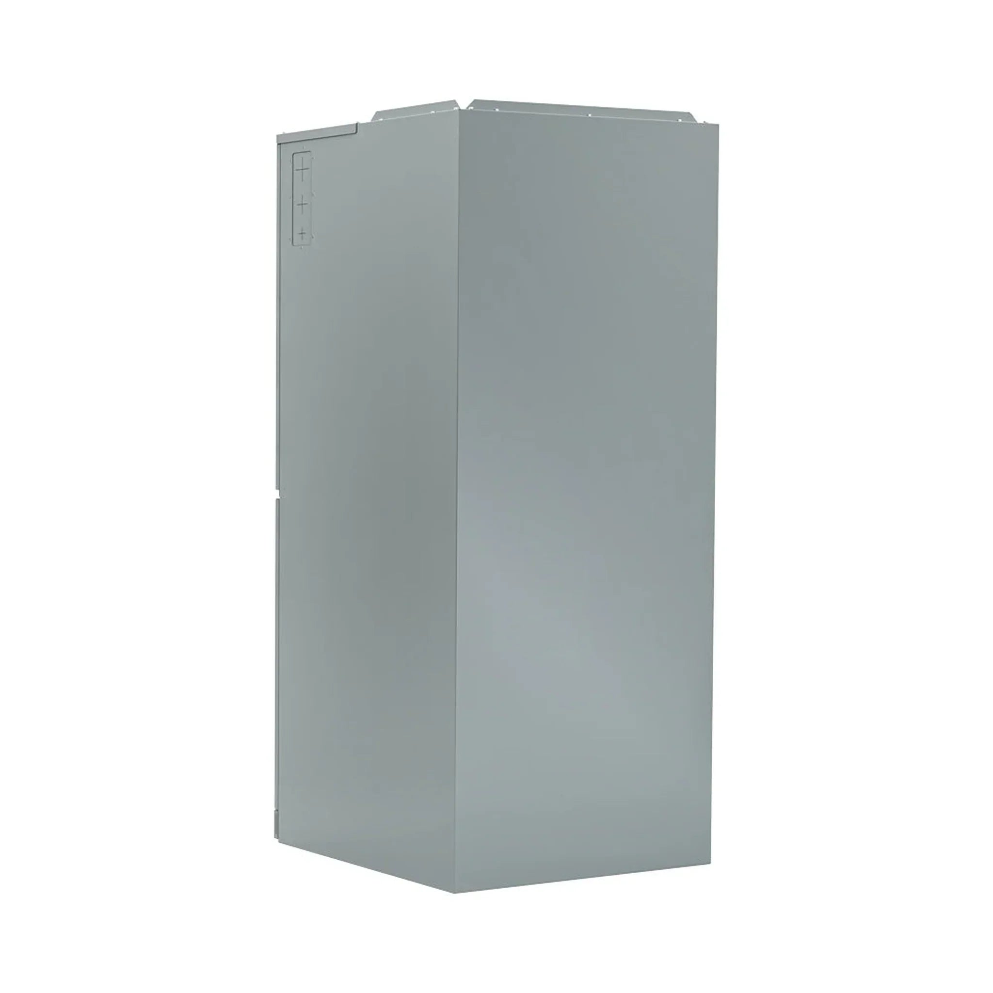 Metallic rectangular inverter battery enclosure with side markings, isolated on white
