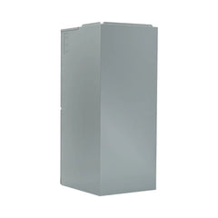 Metallic rectangular inverter battery enclosure with side markings, isolated on white