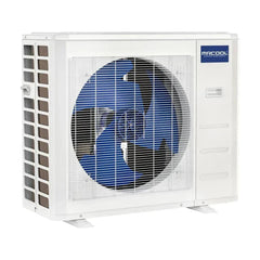 MRCOOL outdoor air conditioner unit with visible blue fan, energy efficient HVAC system