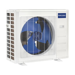 MRCOOL outdoor air conditioner unit with white casing and large blue fan